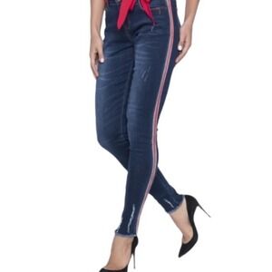 Frank Lyman Design Women's‎ Blue Denim Jeans with Red Side Stripe Distressed Med